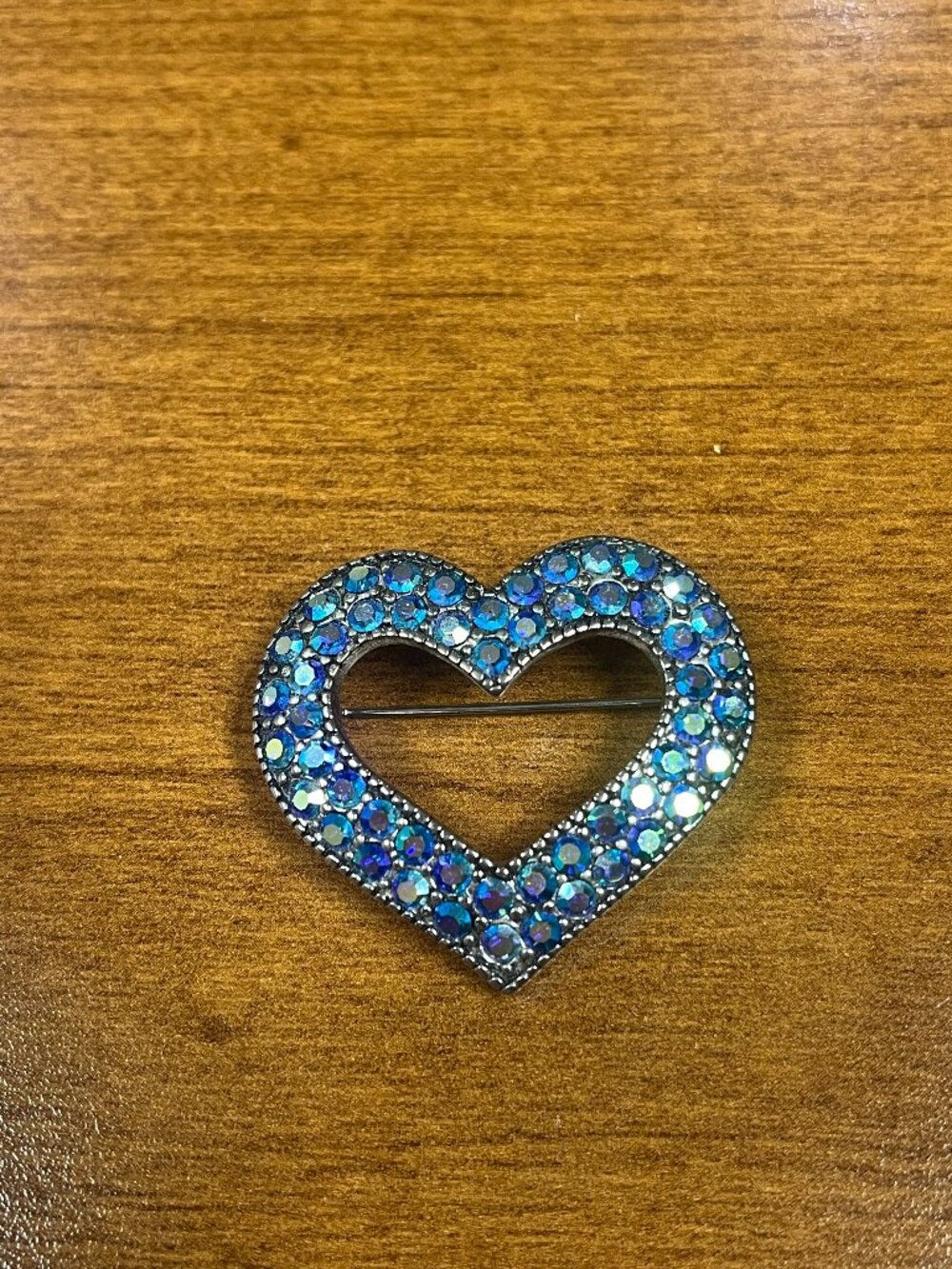 Blue AB Rhinestone Heart Brooch Pin Silver Tone Open Heart 2"